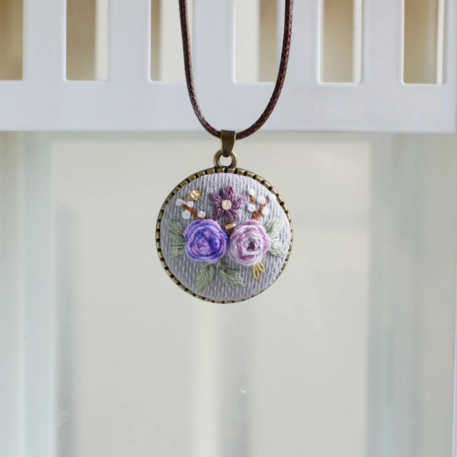 purple rose embroidery pendant
