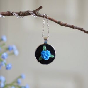 embroidery pendant necklace - blue rose
