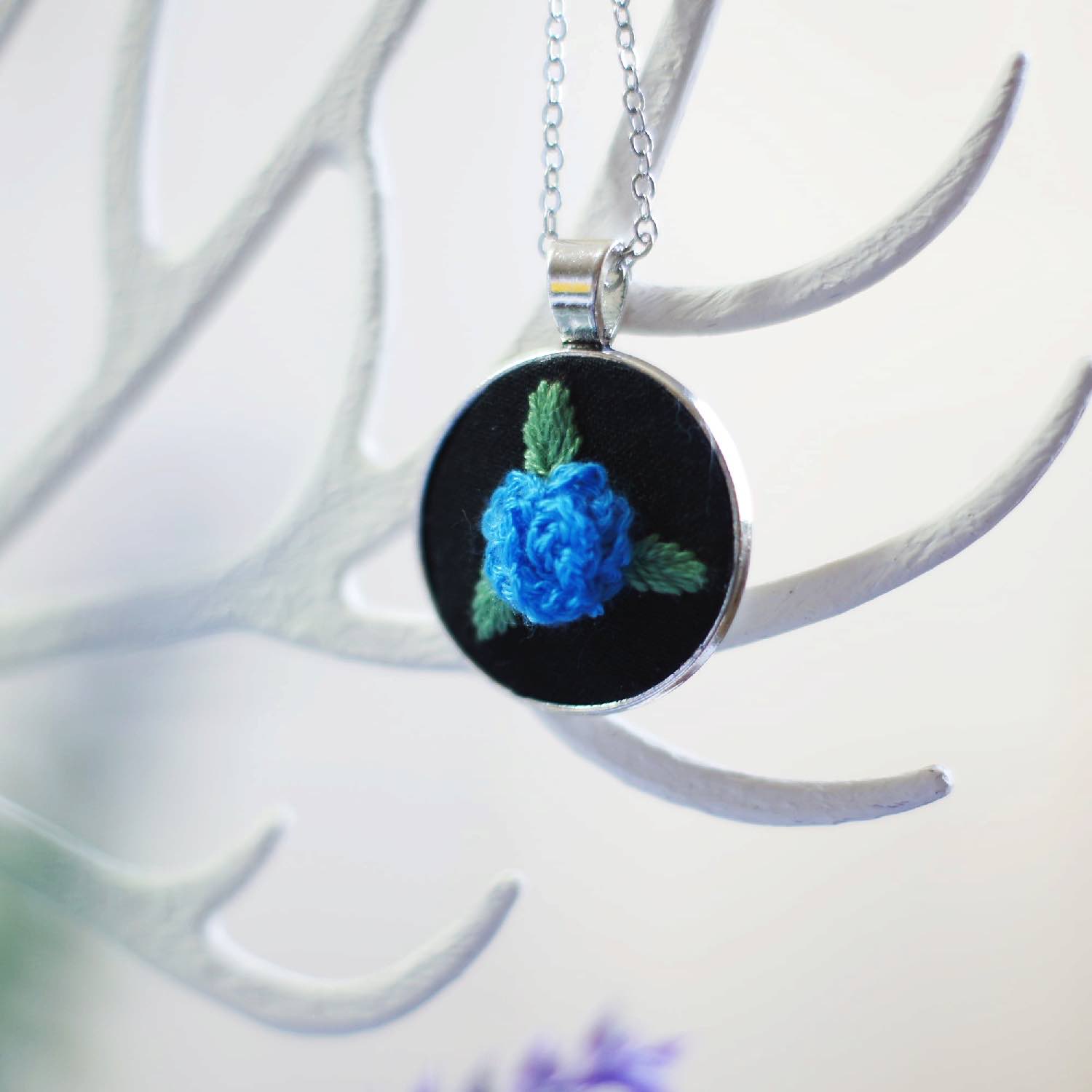 embroidery pendant necklace - blue rose