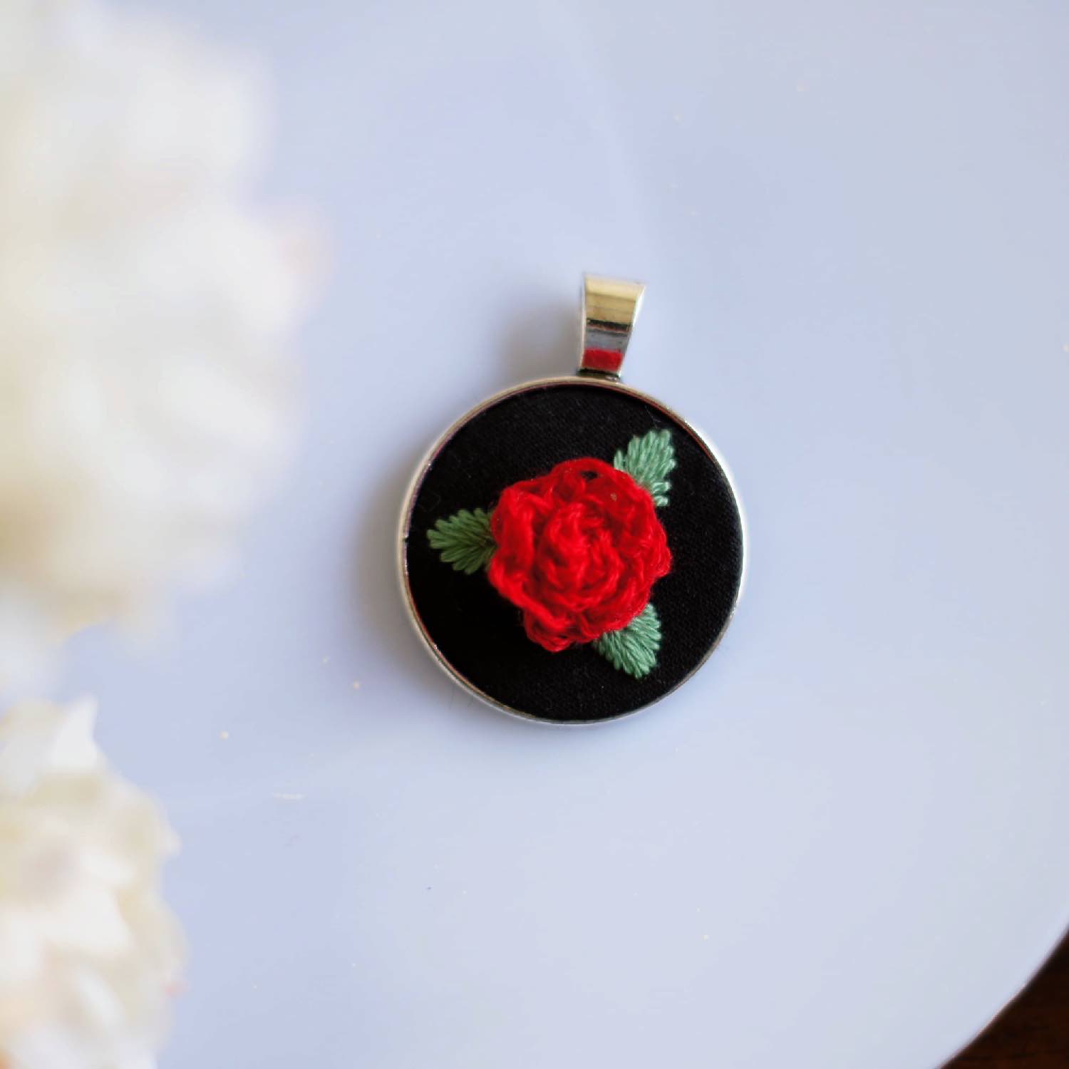 embroidery pendant necklace - red rose