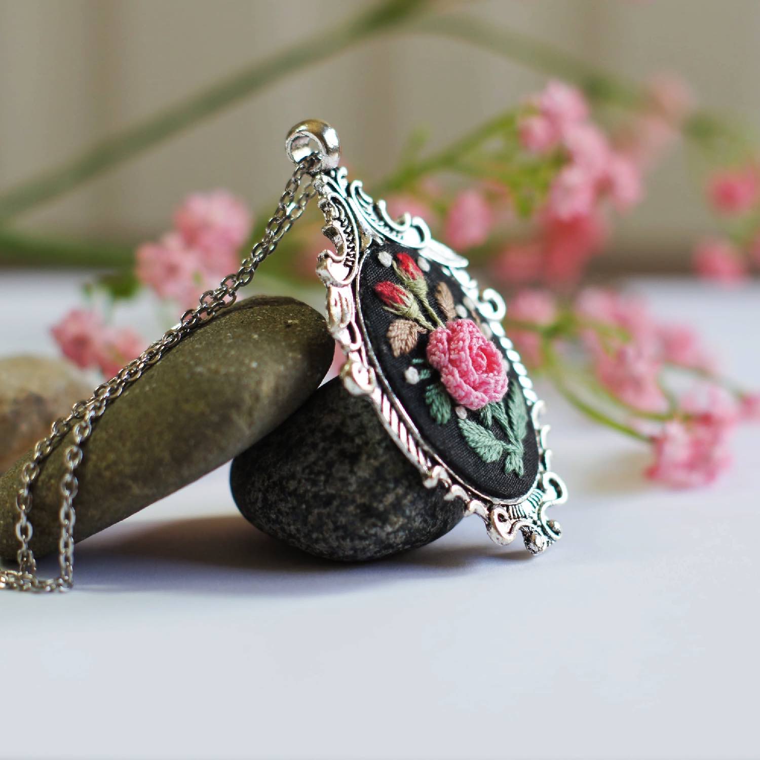 oval embroidery pendant - pink
