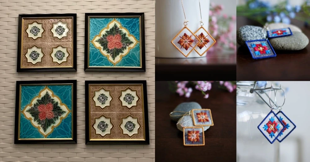 embroidery earrings - inspired by vintage tiles