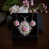 pink rose embroidered jewelry set
