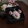 pink rose embroidered jewelry set