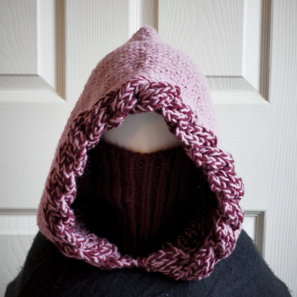 balaclava hood in mauve and wine