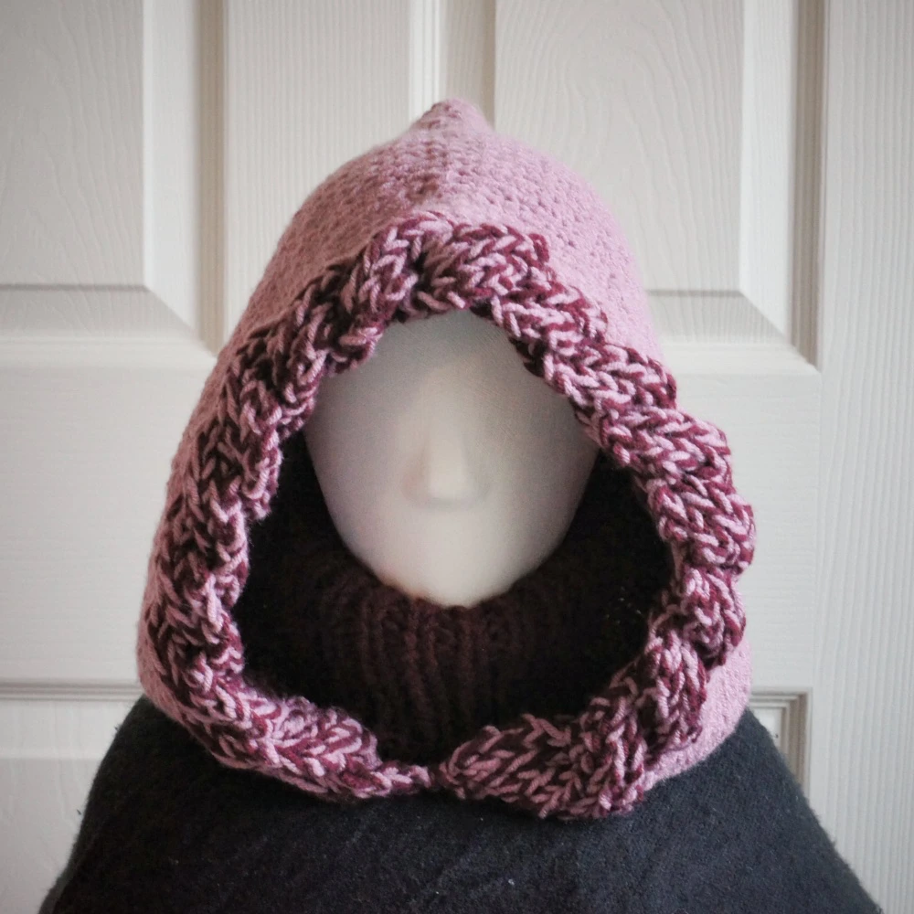 balaclava hood in mauve and wine