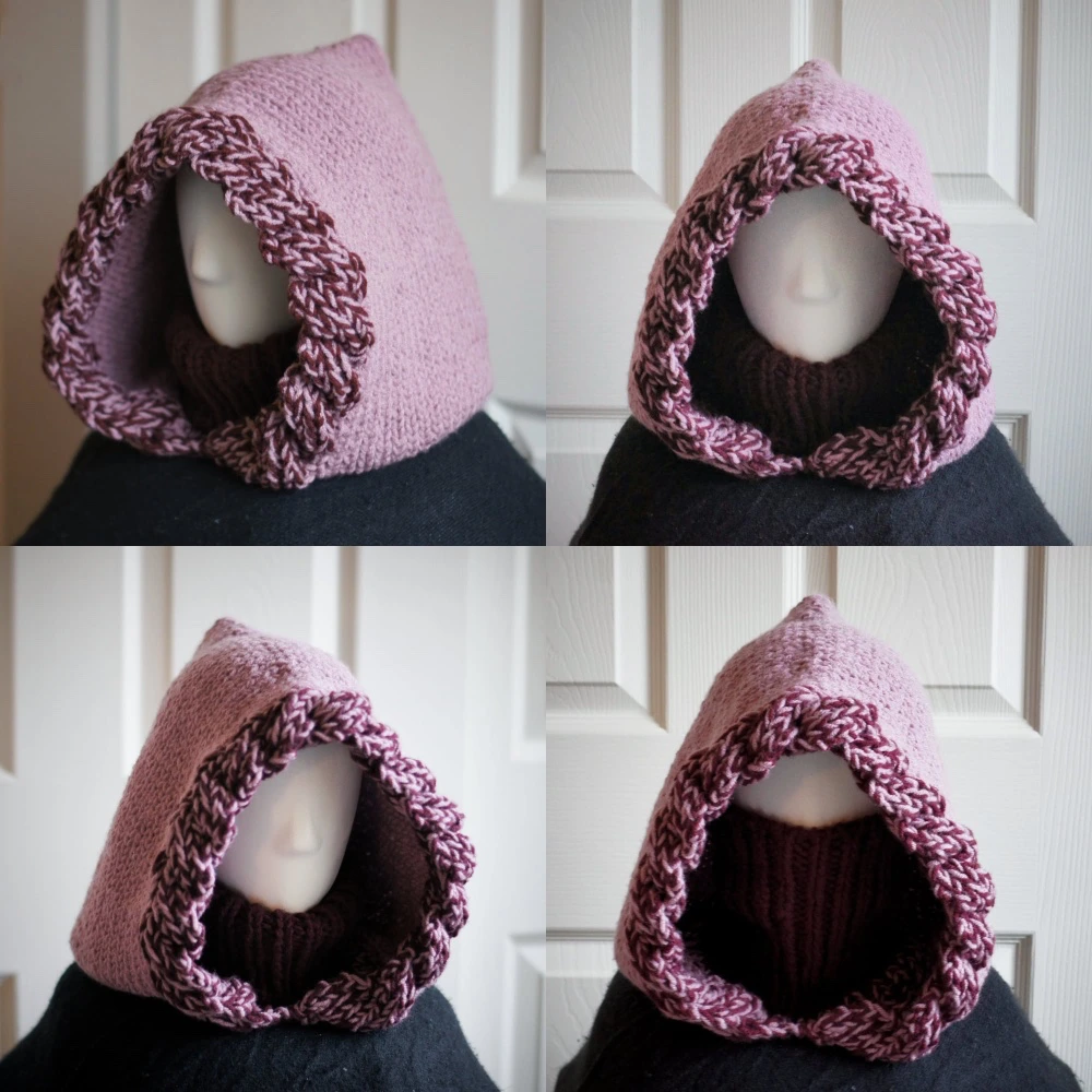 balaclava hood in mauve and wine