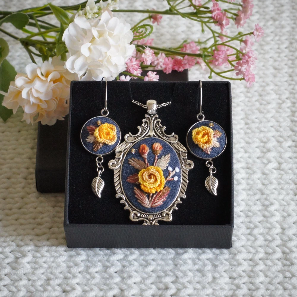 embroidered yellow rose jewelry gift set