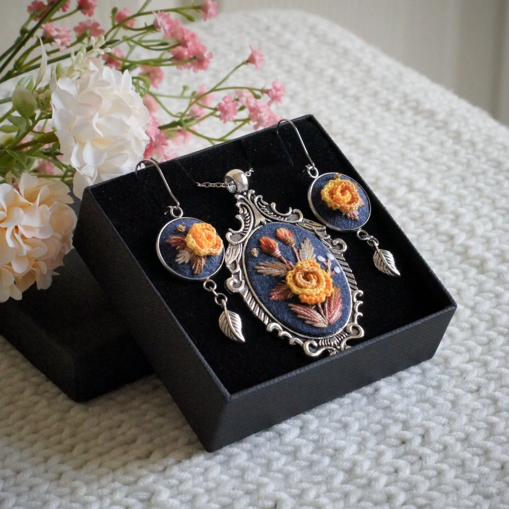 embroidered yellow rose jewelry gift set