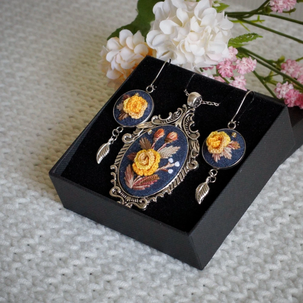 embroidered yellow rose jewelry gift set
