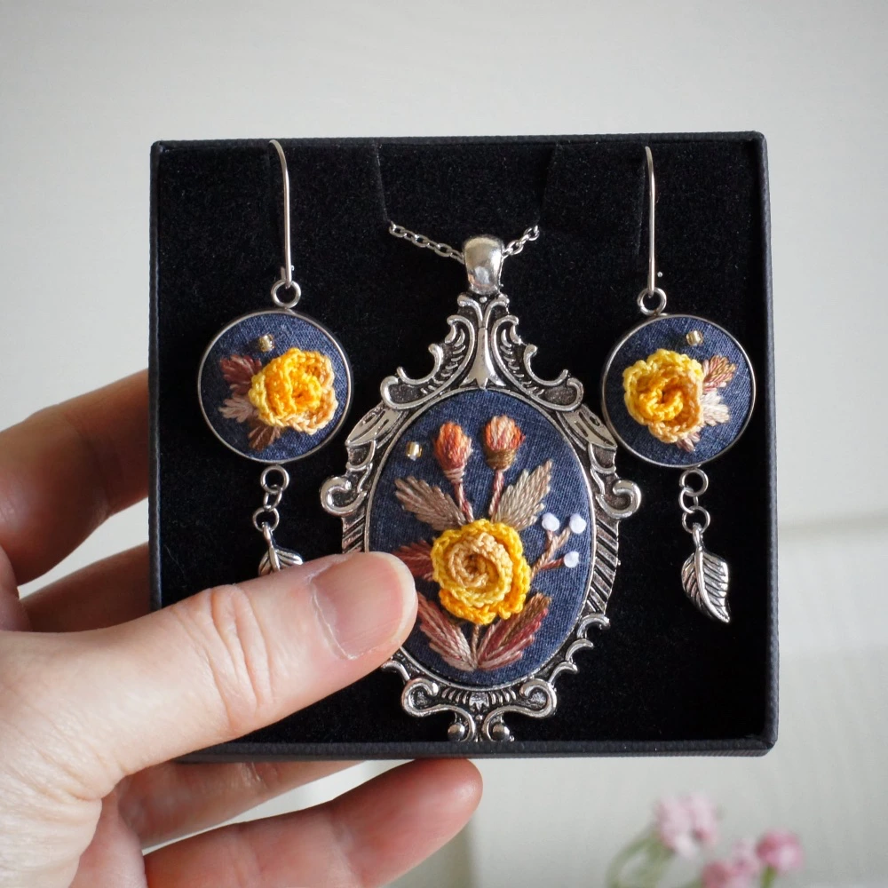 embroidered yellow rose jewelry gift set