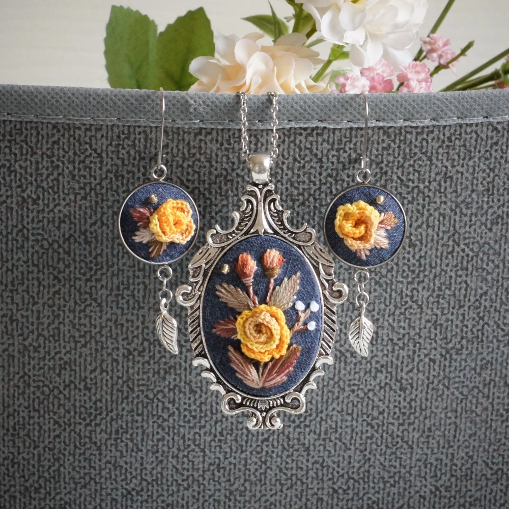 embroidered yellow rose jewelry gift set