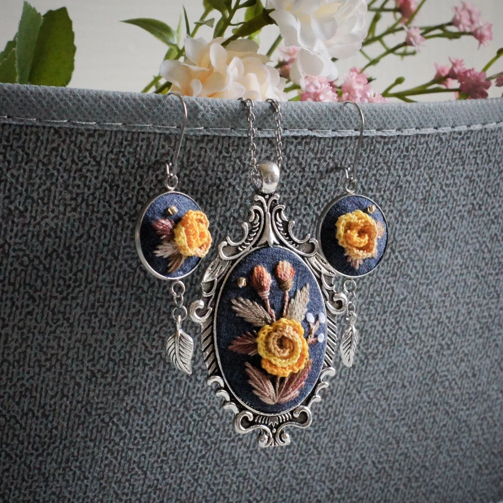 embroidered yellow rose jewelry gift set