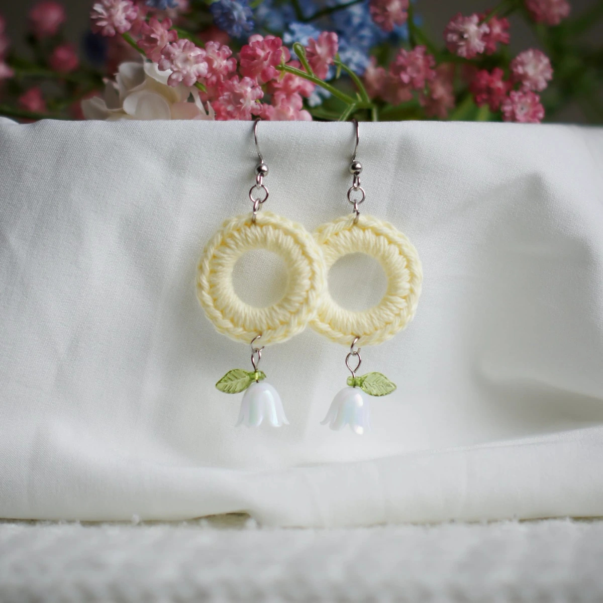 colorful spring earrings with lily valley