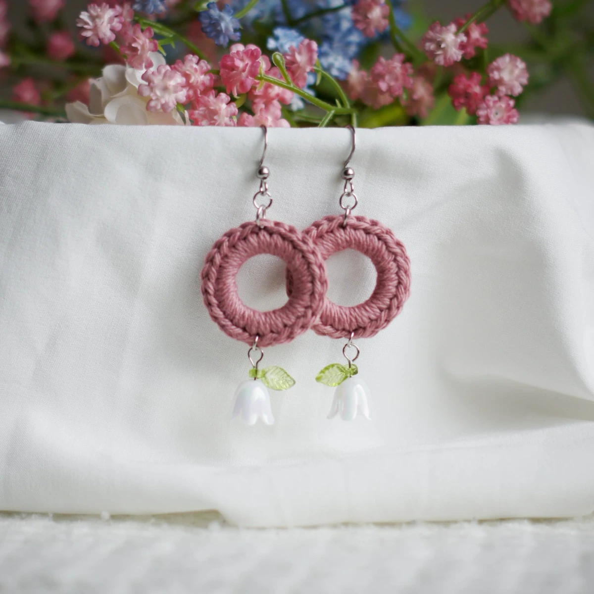 colorful spring earrings with lily valley