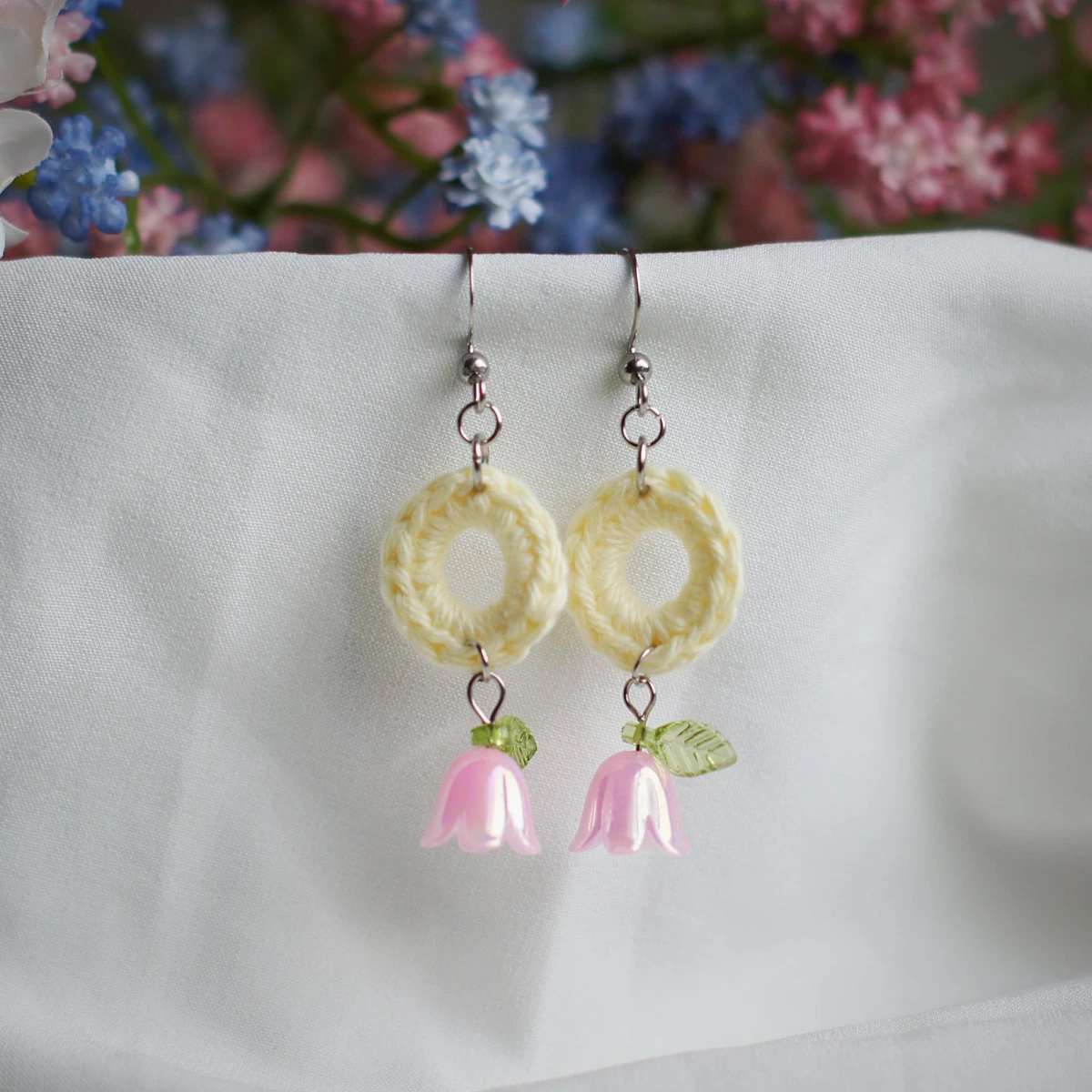 colorful spring earrings with lily valley