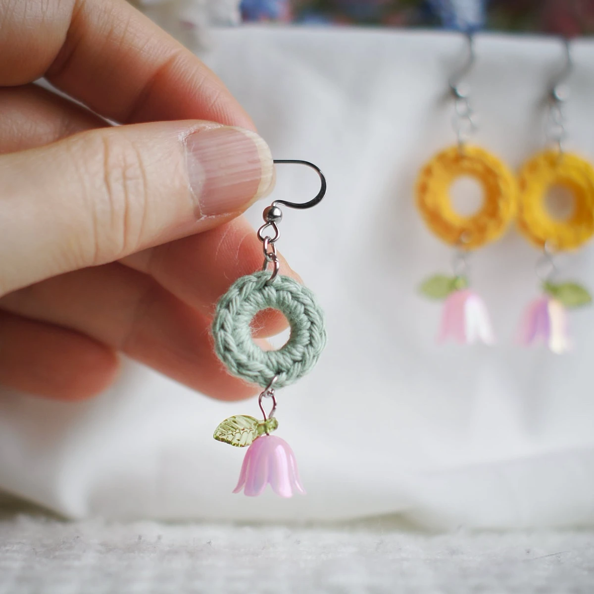 colorful spring earrings with lily valley