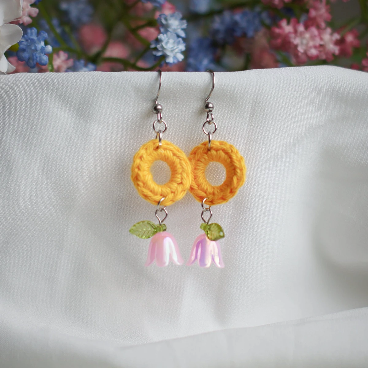 colorful spring earrings with lily valley