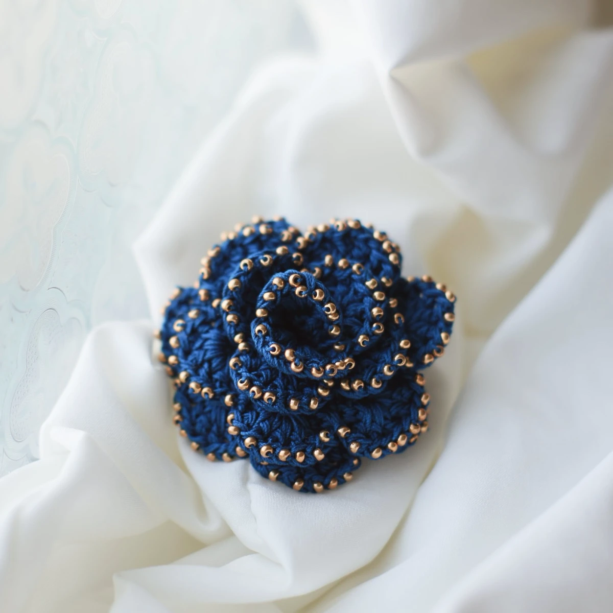 crochet beaded rose brooch