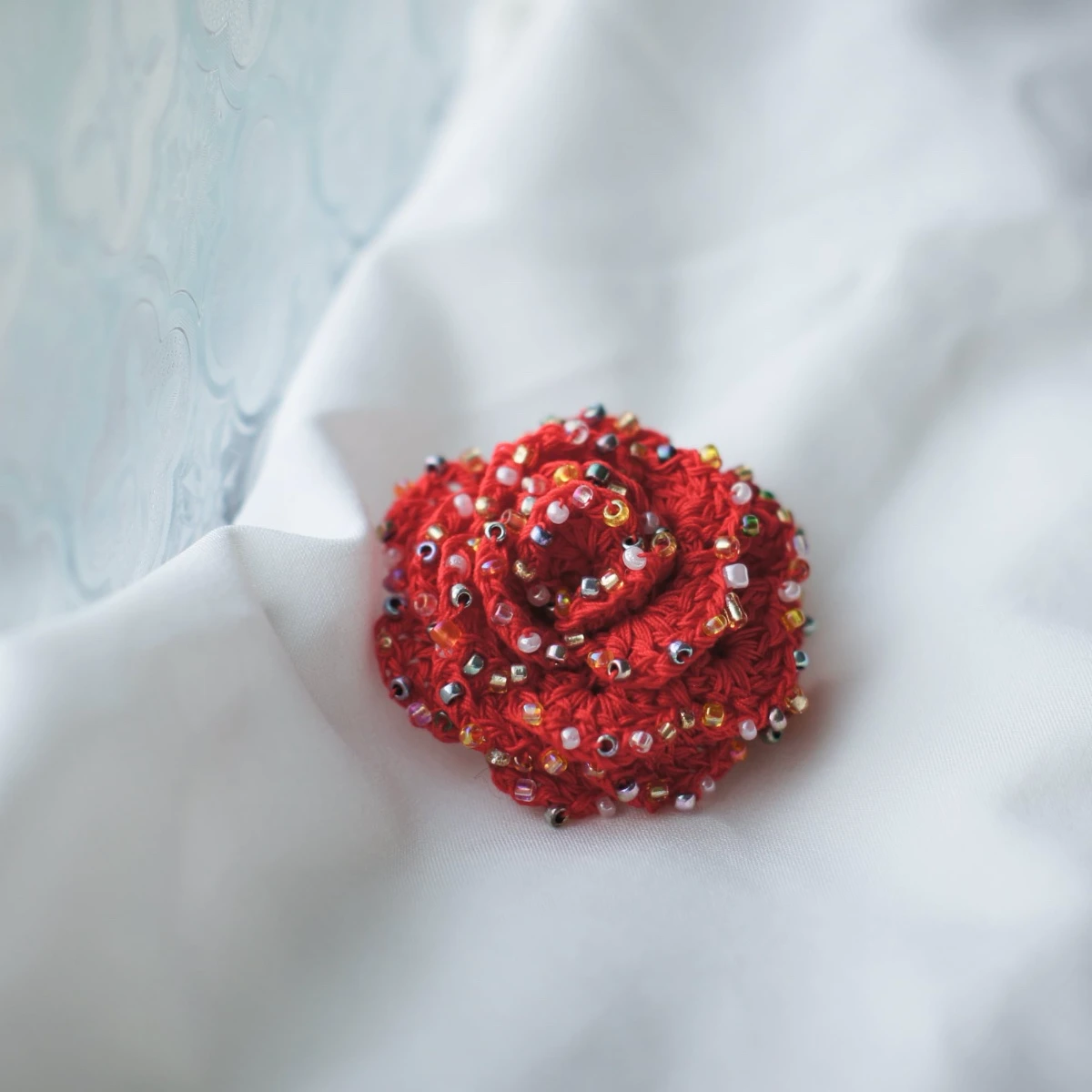crochet beaded rose brooch