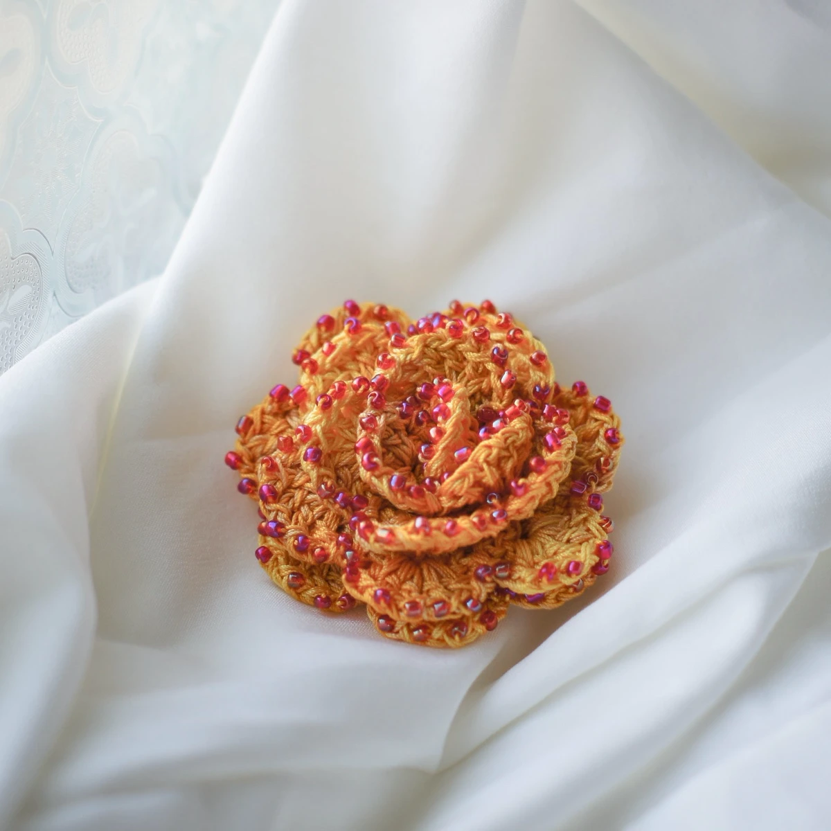 crochet beaded rose brooch