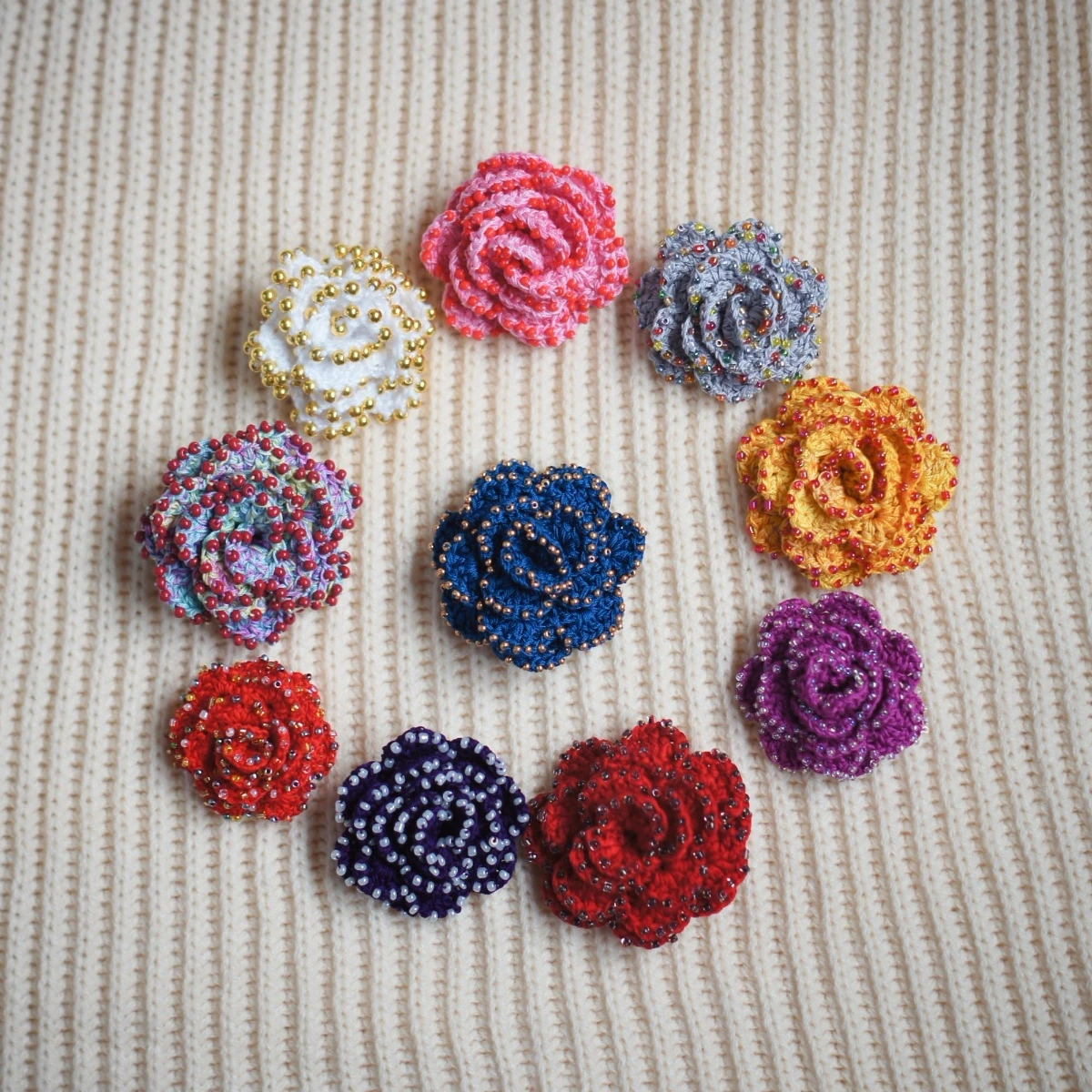 crochet beaded rose brooch
