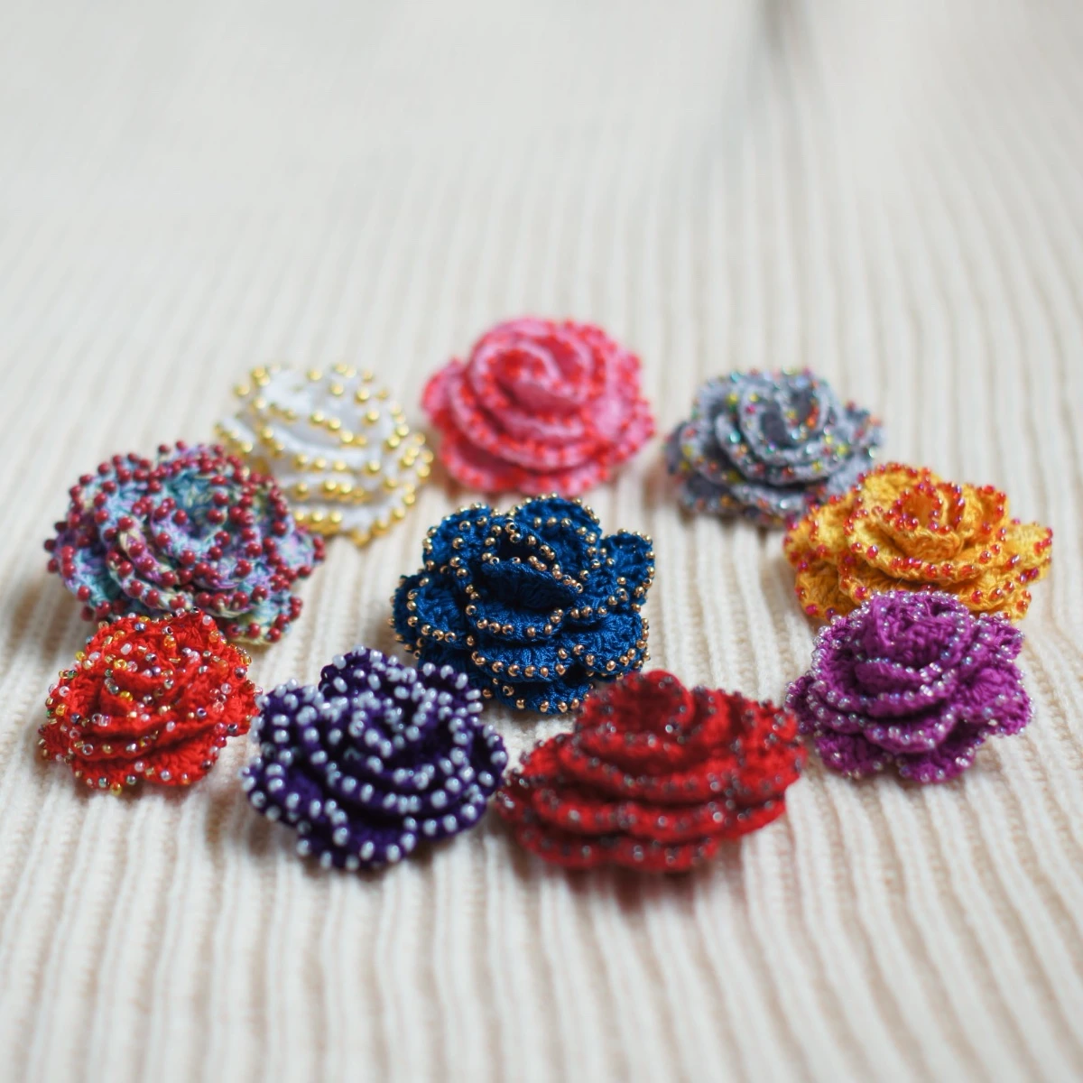 crochet beaded rose brooch