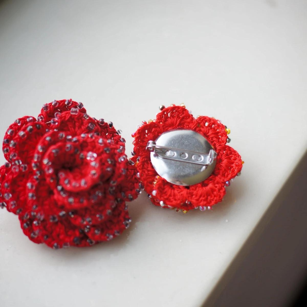crochet beaded rose brooch