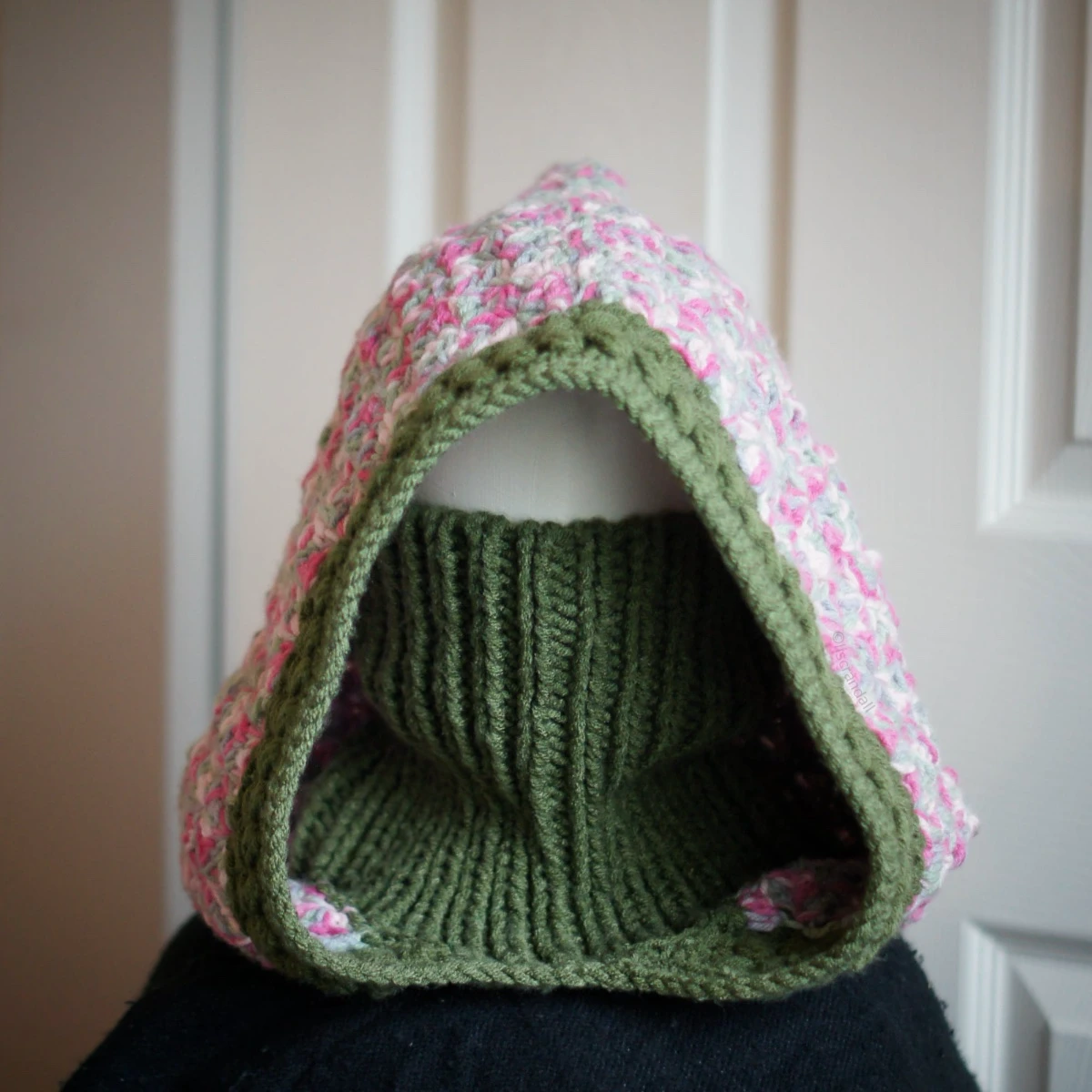 Jasmine wheat knit balaclava hood opening with dusty rose edge, interior view showing construction