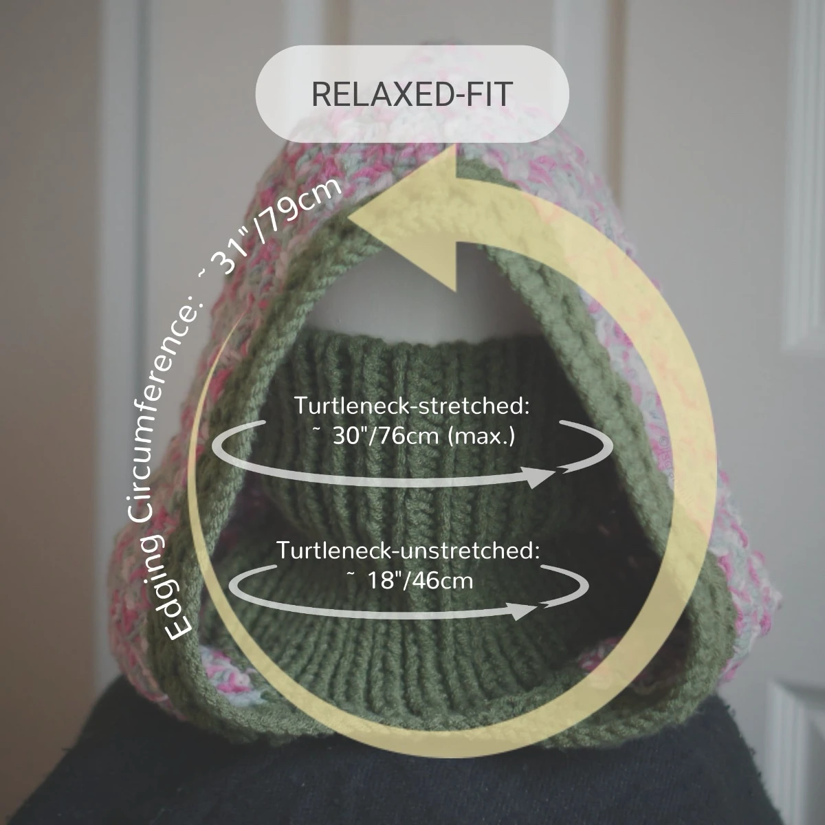 Size guide measurements for jasmine wheat knit balaclava hood showing dimensions and specifications