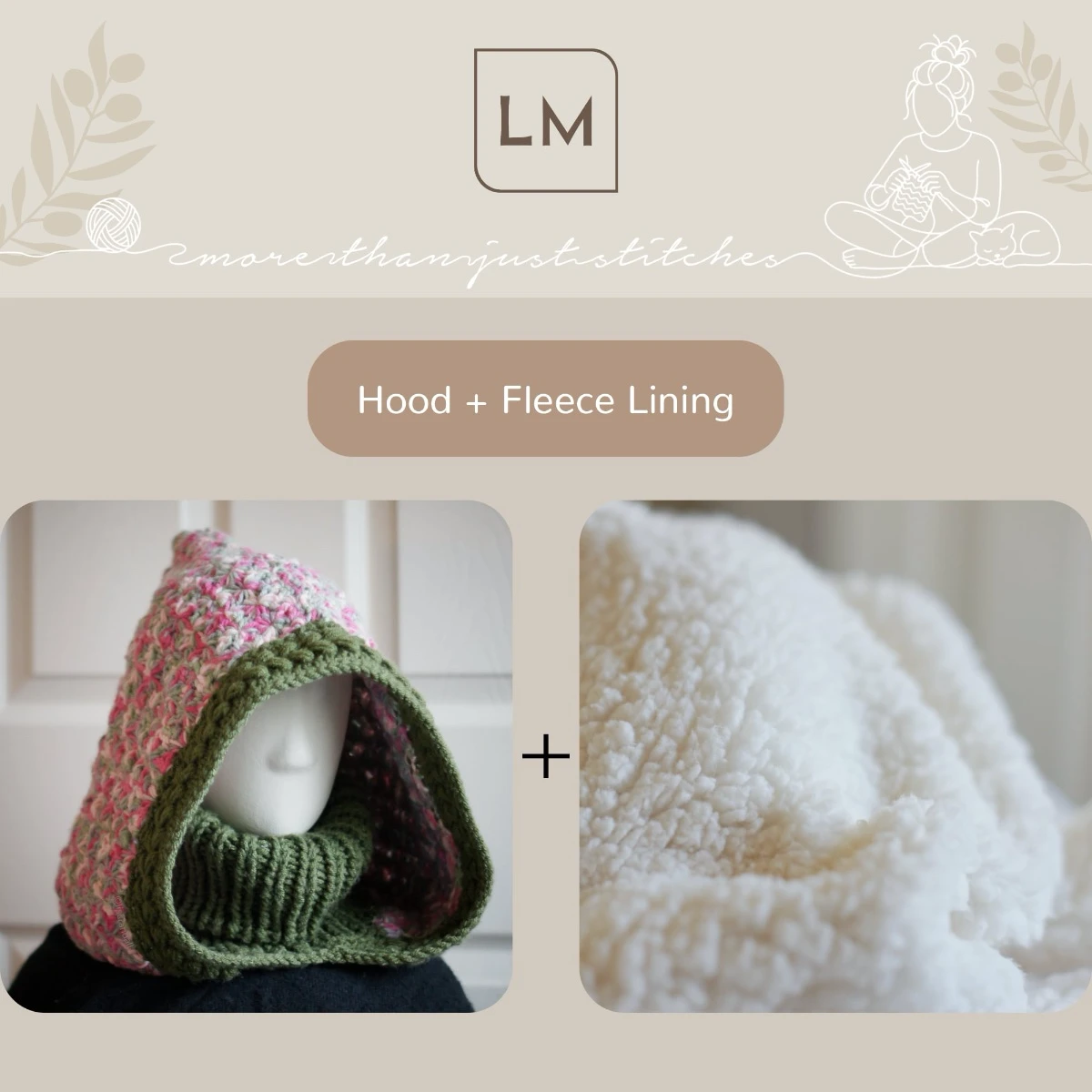 Handmade jasmine wheat knit balaclava with optional sherpa fleece lining comparison showing both versions