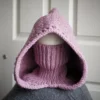 Handmade knitted balaclava in mauve with jasmine wheat stitch pattern