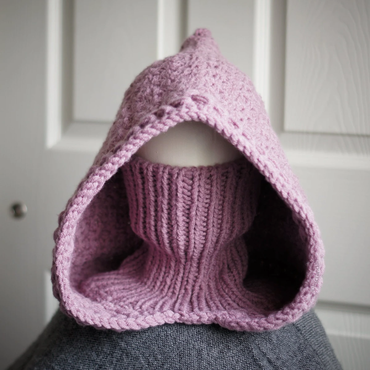 Handmade knitted balaclava in mauve with jasmine wheat stitch pattern