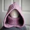 Mauve balaclava winter hat with turtleneck - front view