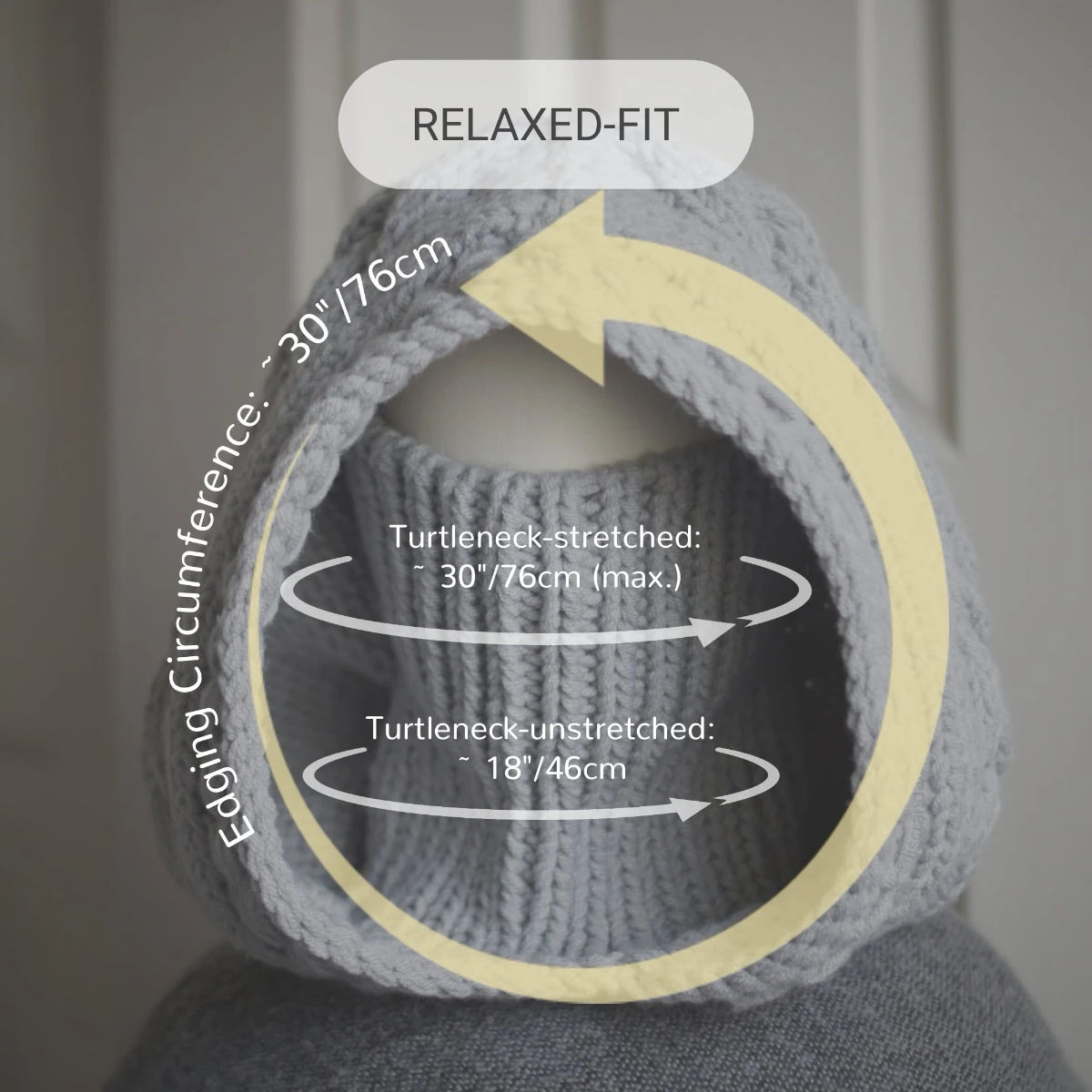 Handmade knitted balaclava in light grey with cable details and wheat stitch edging, with measurements