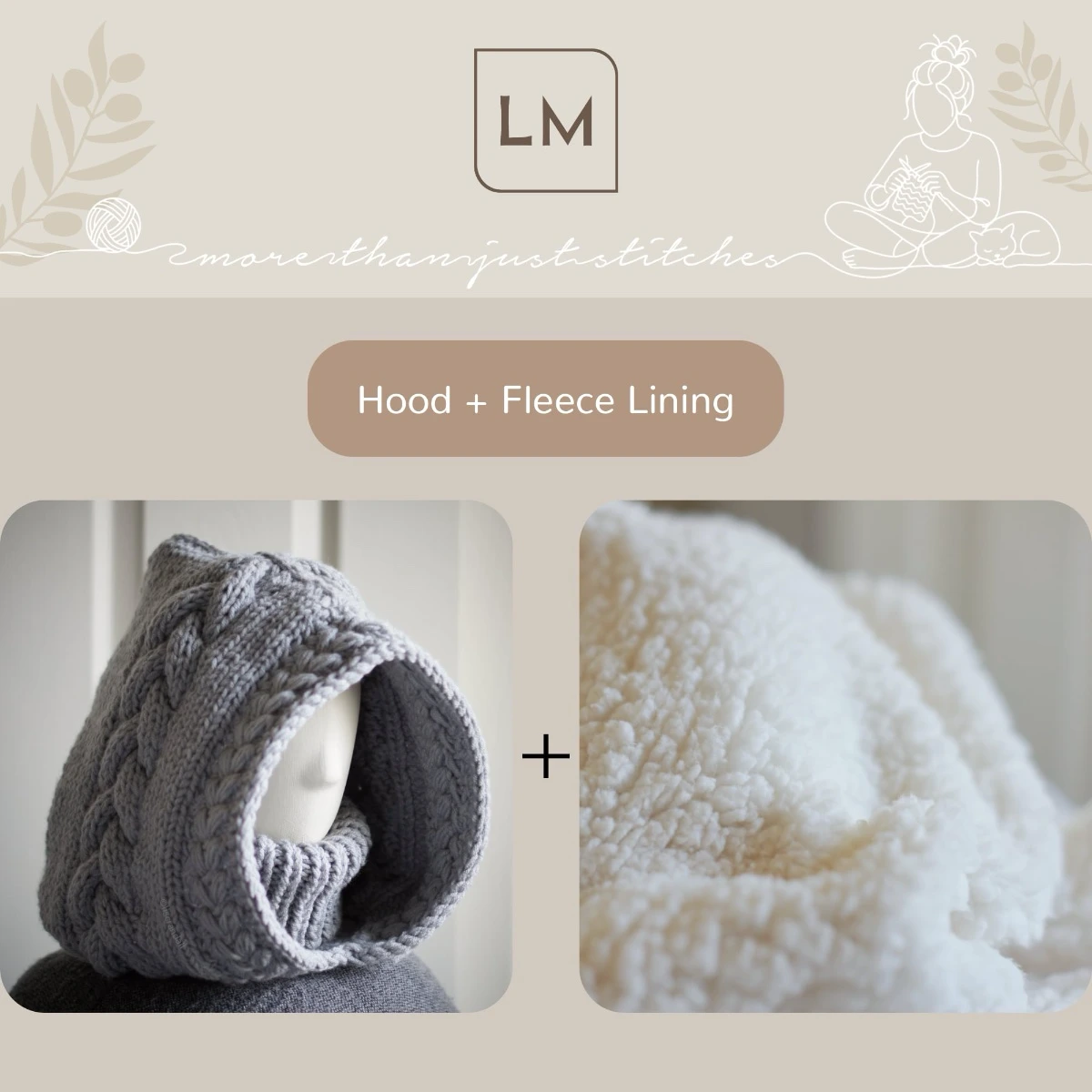 Handmade knitted balaclava in light grey with cable details and wheat stitch edging, with sherpa lining option