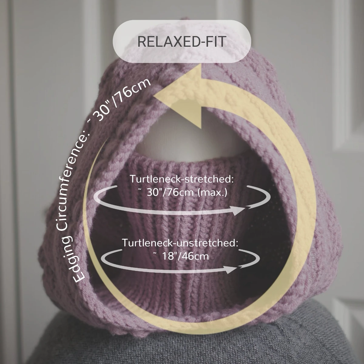 Chunky knit balaclava in mauve with cable details and wheat stitch edging, with measurements