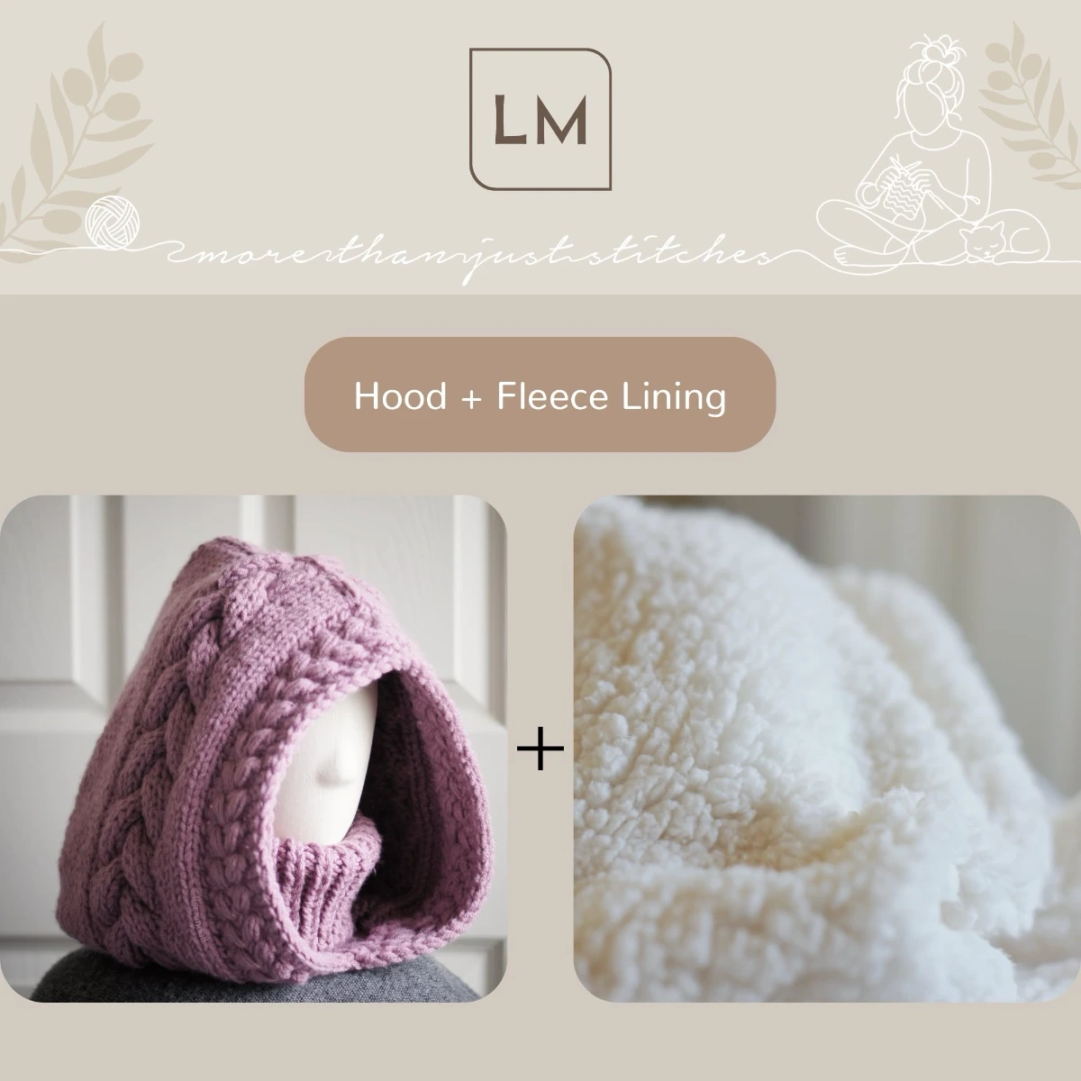 Chunky knit balaclava in mauve with cable details and wheat stitch edging, with sherpa lining option