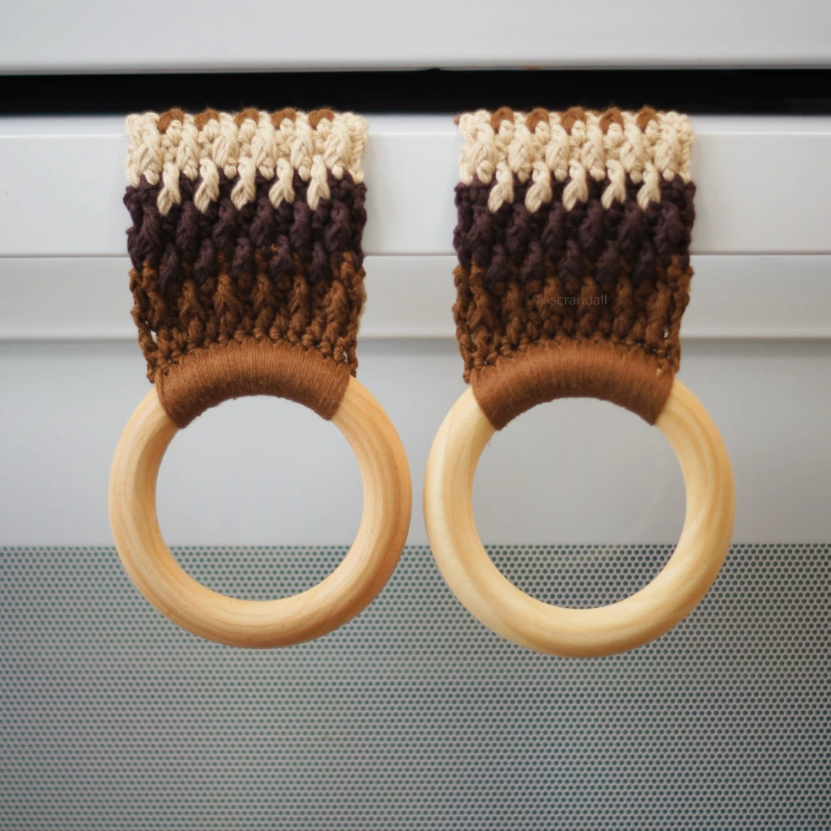 Crochet kitchen towel holders pair - brown and tan with wooden rings
