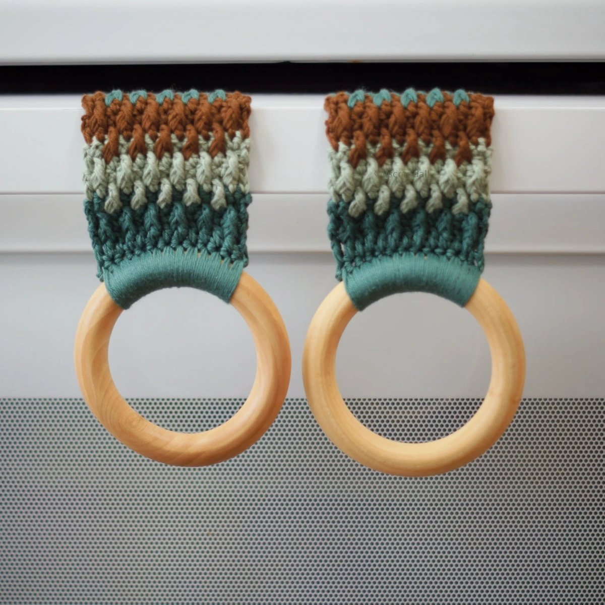 Crochet kitchen towel holders pair - green and brown with wooden rings