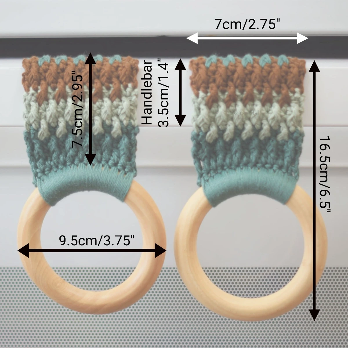 Crochet kitchen towel holders pair - brown and tan with wooden rings - measurement illustration