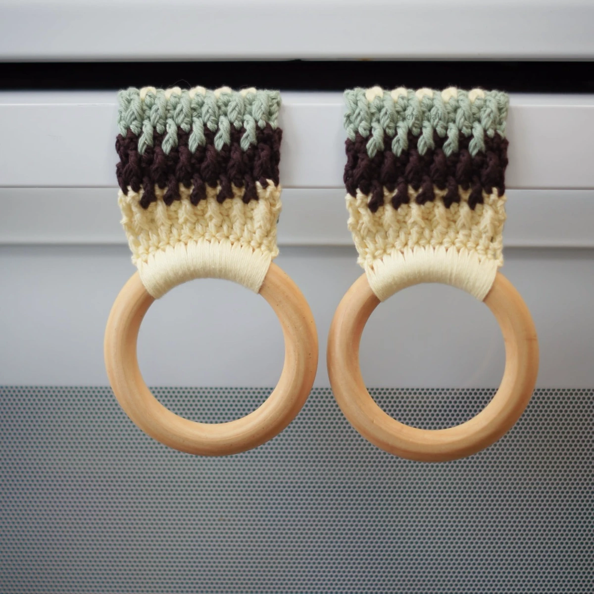 Crochet kitchen towel holders pair - green, wine and yellow with wooden rings