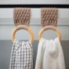 Crochet kitchen towel holders pair - taupe with wooden rings