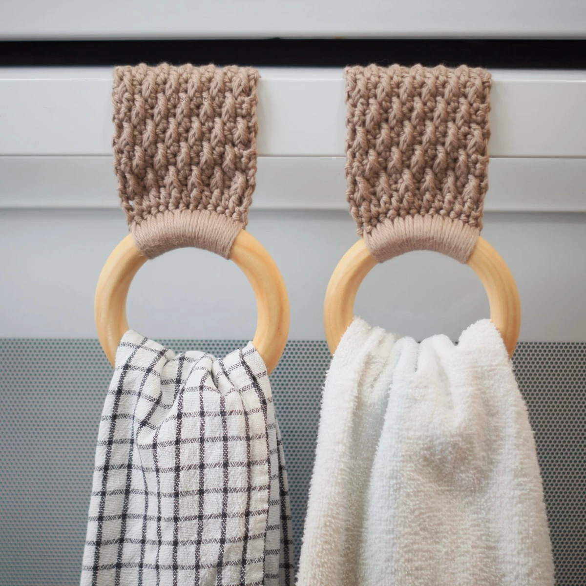 Crochet kitchen towel holders pair - taupe with wooden rings
