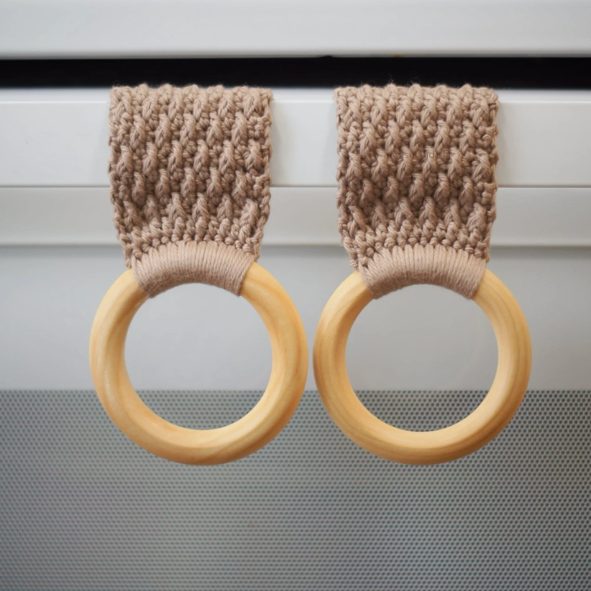 Crochet kitchen towel holders pair - taupe with wooden rings