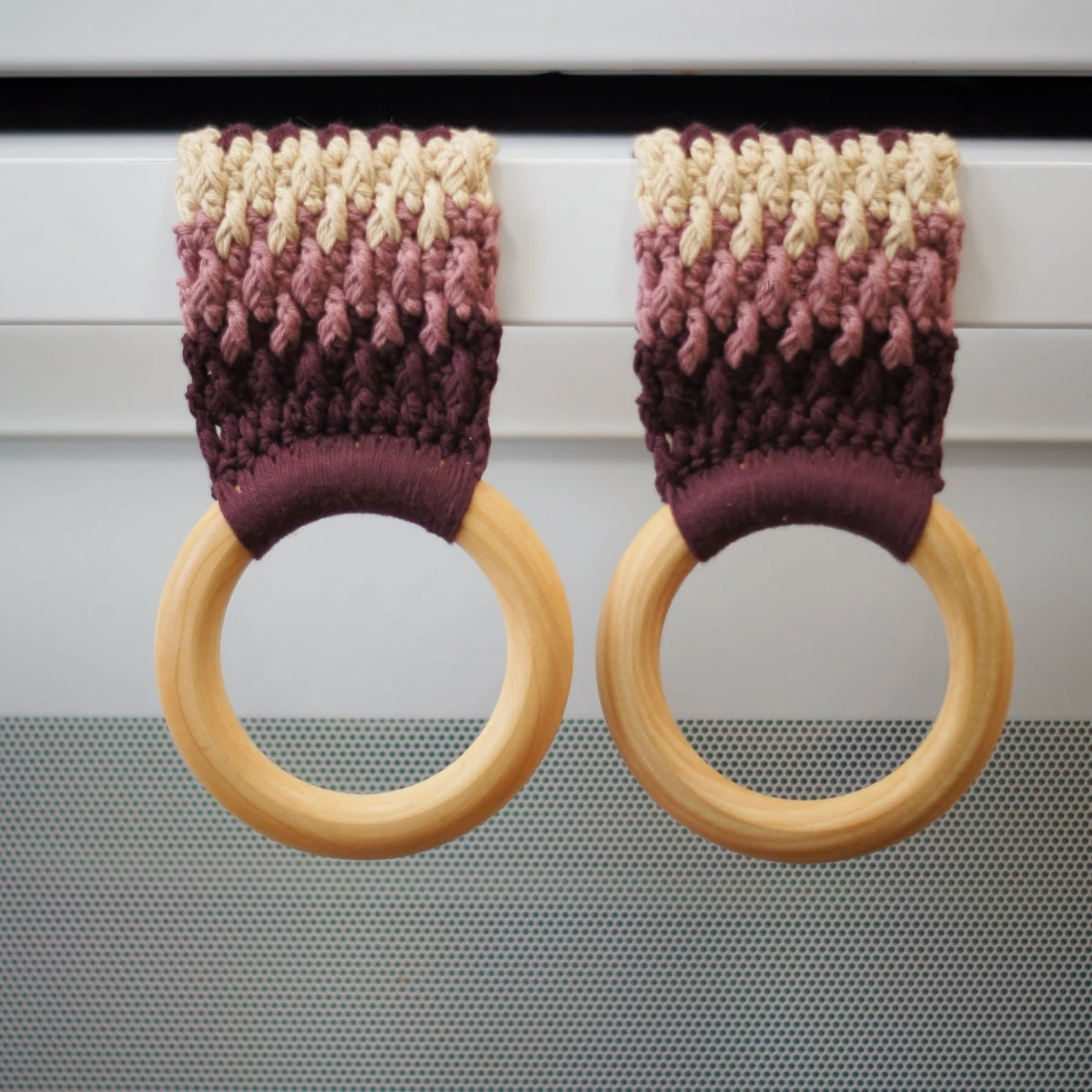 Crochet kitchen towel holders pair - burgundy and beige with wooden rings