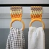 Crochet kitchen towel holders pair - yellow and tan with wooden rings