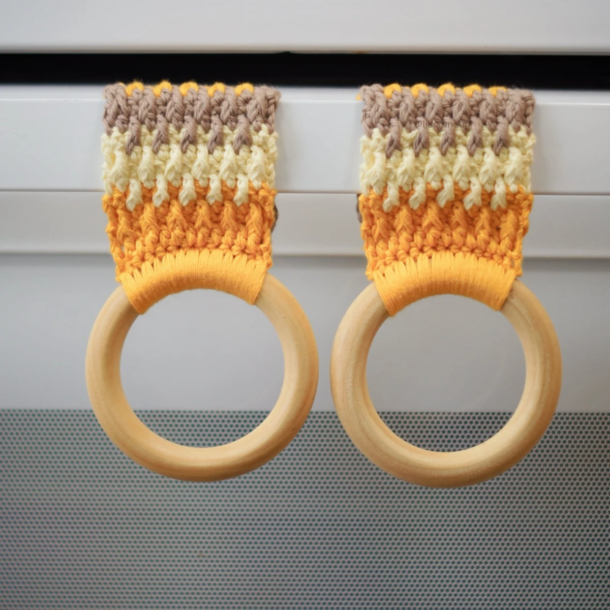 Crochet kitchen towel holders pair - yellow and tan with wooden rings