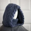 Side view of blue merino balaclava hood showing cozy fit