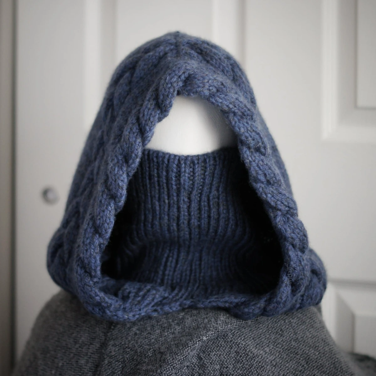 Blue merino balaclava styled for winter warmth, full hood and neck and face coverage